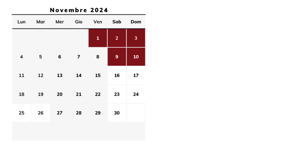 A calendar showing the dates for november 2012.