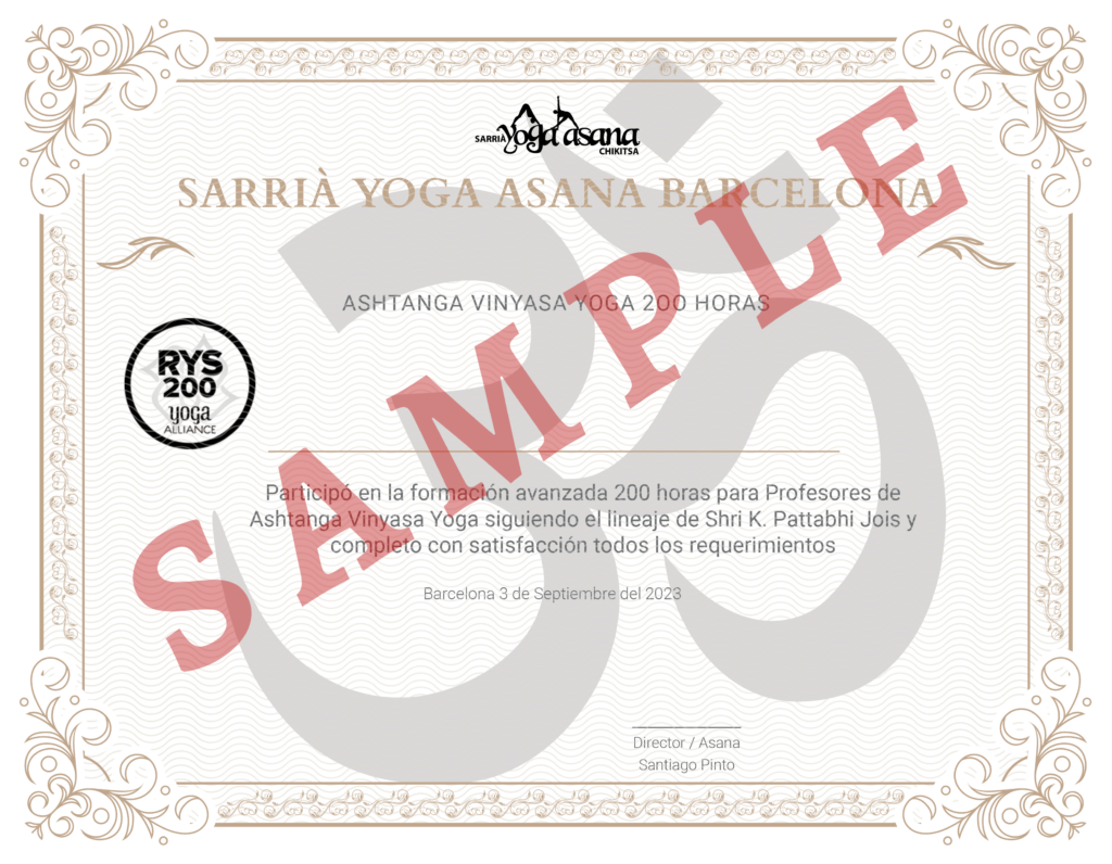 A sample certificate for a yoga class in Barcelona, Formación de Ashtanga 2024.
